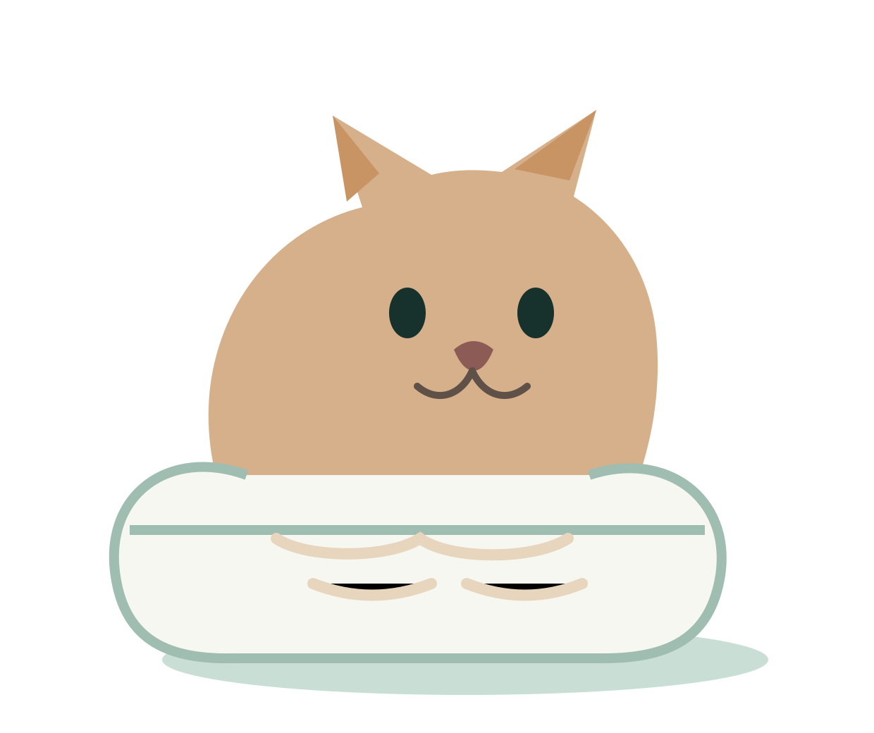 Illustration of a calm cat beside a clean litter box